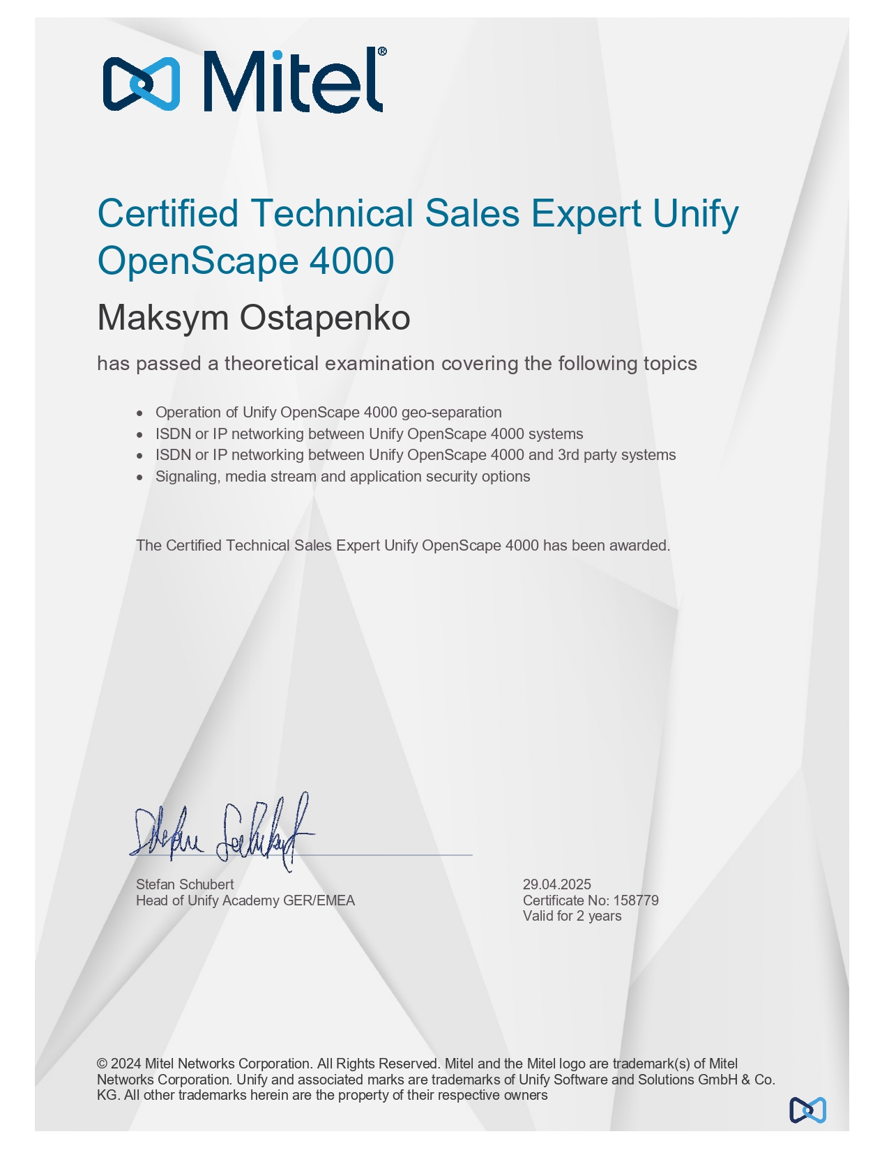 Сертификат Mitel Unify
